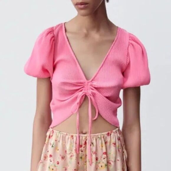Zara Pink Ruched Crop Top - Picture 1 of 6